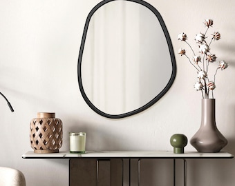 Organic Shape Wood Frame Wall Mirror | Irregular Asymmetrical Frame Decor for Bathroom, Bedroom & Entryway