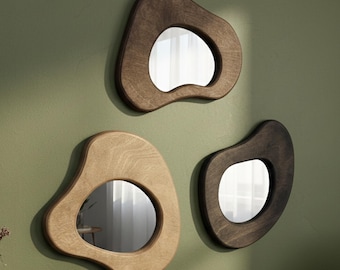 Handmade Organic Wood Frame Mirror Set, Japandi Boho Modern Wall Decor, Grandparents Day Gift for Grandma Grandpa