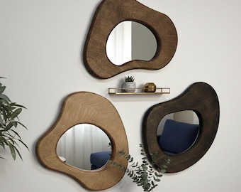 Set of 3 Organic Shape Wall Mirrors – Asymmetrical Handmade Wood Frame, Boho Entryway, Living Room & Bedroom Decor