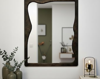 Wavy Rectangle Wooden Framed Mirror - Handmade Wood Wall Decor for Modern and Minimalist Interiors