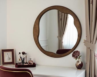 Wavy Circle Decorative Wall Mirror, Handcrafted Wooden Frame, Irregular Round Shape, Entryway & Bedroom Focal Point, Custom Statement Mirror