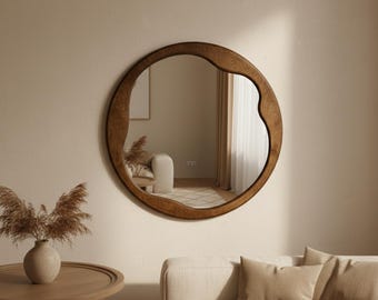 Modern Makeup Vanity Mirror -  Handcrafted Wood Wavy Circle Frame, Custom Dresser Bedroom Wall Decor