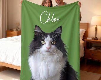 Personalized Dog/Cat Portrait Blanket, Custom Pet Photo Blanket, Pet Picture Blanket With Name, Pet Memorial Blanket, Dog &Cat Mom Gift