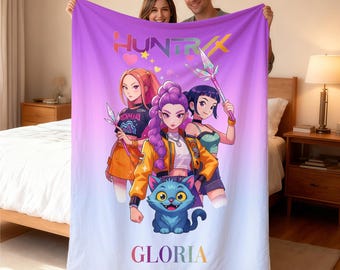 Personalized Cozy K pop Demon Hunters Blanket with Name, Custom Huntrix Blanket, Anime Inspired Blanket, Christmas Family Gift,Kpop Fun Gift