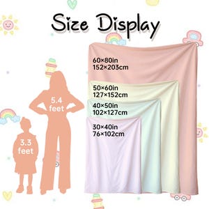 May include: A size display graphic shows four blankets in varying sizes: 30x40 inches (76x102cm), 40x50 inches (102x127cm), 50x60 inches (127x152cm), and 60x80 inches (152x203cm). The text "Size Display" is at the top. Silhouettes of a person and child are included.