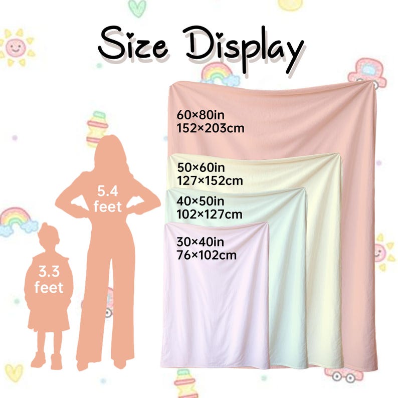 May include: A size display graphic shows four blankets in varying sizes: 30x40 inches (76x102cm), 40x50 inches (102x127cm), 50x60 inches (127x152cm), and 60x80 inches (152x203cm). The text "Size Display" is at the top. Silhouettes of a person and child are included.