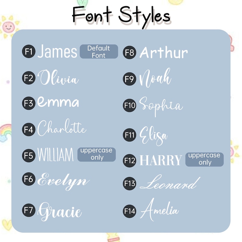 May include: A light blue graphic with the words "Font Styles" at the top. The graphic displays 14 different font styles, each with a name and a corresponding font number. Some fonts are uppercase only.