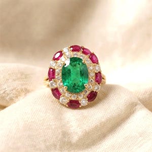 14k Gold Emerald Ruby Oval Halo Statement Ring