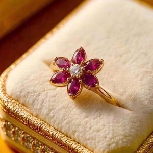 Könnte beinhalten: Ein Goldring mit einer blumenförmigen Fassung aus sechs tiefroten Rubinen im Marquise-Schliff, die einen einzelnen runden weißen Diamanten in der Mitte umgeben. Der Ring liegt in einem cremefarbenen Samtschmuckkästchen mit goldfarbenem, strukturiertem Metallrand.