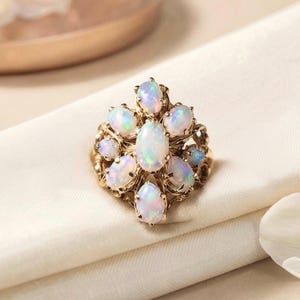 Vintage Opal Cluster Ring, 14K Yellow Gold, Victorian Style Statement Ring