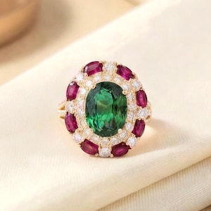 14k gouden smaragd robijn ovale statement ring met halo