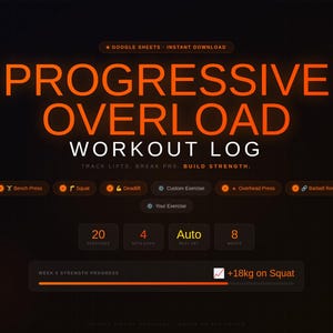 May include: Digital workout log with the text "PROGRESSIVE OVERLOAD WORKOUT LOG" in orange. The log includes options for tracking exercises like bench press, squat, and deadlift. It shows progress with a +18kg increase on squat.