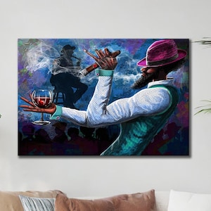 May include: A vibrant painting depicts a man in a pink hat and teal vest holding a cigar and a glass of red wine. A second figure plays a saxophone in the background, with a smoky, purple and blue backdrop.