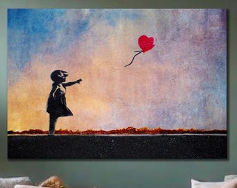Banksys flicka med ballongcanvas, ikoniskt gatukonsttryck, popkonst i grungestil för modern heminredning, väggkonst med hopp