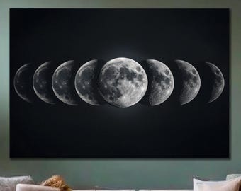 Moon Phases Canvas Print, Minimalist Lunar Cycle Wall Art, Celestial Boho Decor, Black and White Astronomy Poster for Bedroom