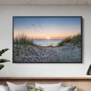 Dunes de sable sur la plage à la recherche d&#39;art mural coucher de soleil oiseaux magnifique paysage marin Design moderne impression sur toile art mural photo