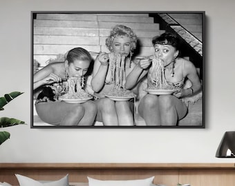 Women Eating Spaghetti Canvas Wall Art, Women Eating Pasta Black and White Vintage Print, Photography Prints, Wall Decor, Wall Art