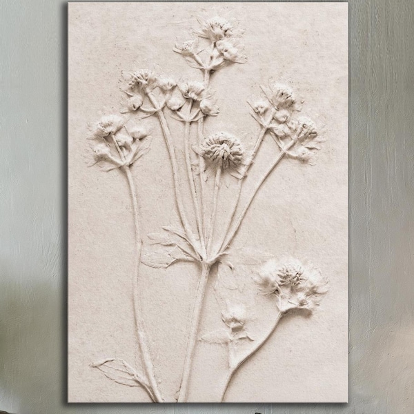 Minimalist Botanical Relief Canvas, Textured 3D Flower Wall Art, Japandi & Wabi Sabi Neutral Decor for a Calm Home