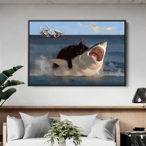 Shark and cat Canvas Wall Art, Funny Meme Art, Weird Renaissance Painting, Large Wall Art, Funny Gift, Prank Poster