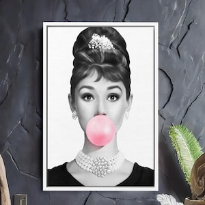 Audrey Hepburn Bubble Gum Print, Woman Poster, Famous Canvas Art, Trendy Printed, Audrey Hepburn Art, Pink Bubble Gum Art, Fashion Art