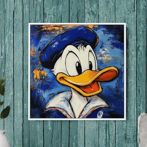 Abstract schilderij van Donald Duck | Cartoon pop-art canvas | Leuke en kleurrijke muurkunst | Modern pop-artdecor voor kinderkamer of woonkamer