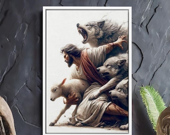 Jesús salva al cordero de los lobos Impresión en lienzo, Pintura religiosa, Pintura de Jesús y el cordero, Arte religioso de pared, Enmarcado