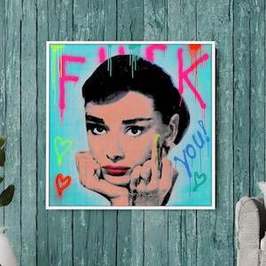 Audrey Hepburn Middle Finger Funny Pop Art Canvas Print, Iconic Humor Art for Living Room & Office Decor