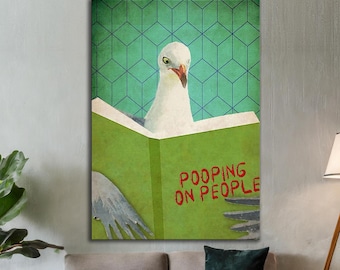 Cute Pigeon Bird Animal Canvas Print, Funny Toilet Bathroom Humor Sign, Cheeky Laundry Artwork, Fun Gifts Trendy Home Decor
