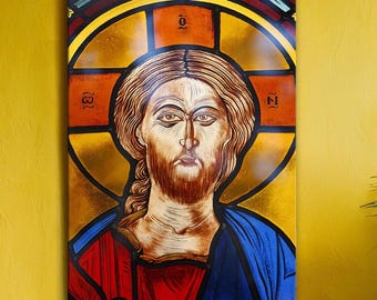 Jesus Christ Stained Glass Look Canvas Wall Art | Religious Christian Wall Decor | Vitrail Style Spiritual Home Gift