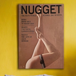 Op de afbeelding: Een vintage "Nugget" magazinecover, weergegeven op een gele muur boven een grijze bank. De magazinecover is bruin met zwarte tekst. Een potplant en een kleine bijzettafel staan op de voorgrond.