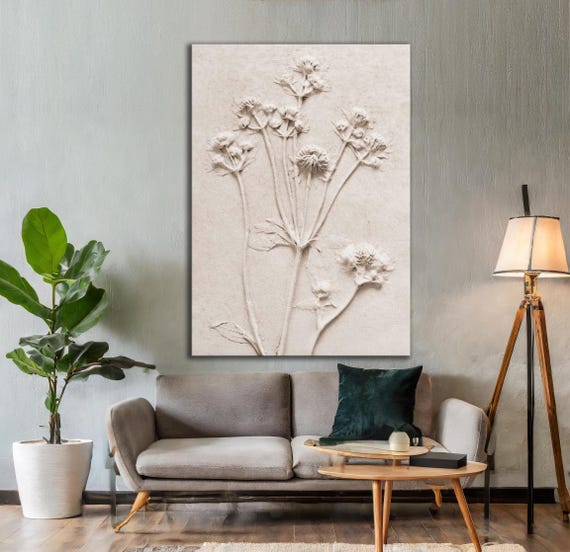 Minimalist Botanical Relief Canvas, Textured 3D Flower Wall Art, Japandi & Wabi Sabi Neutral Decor for a Calm Home