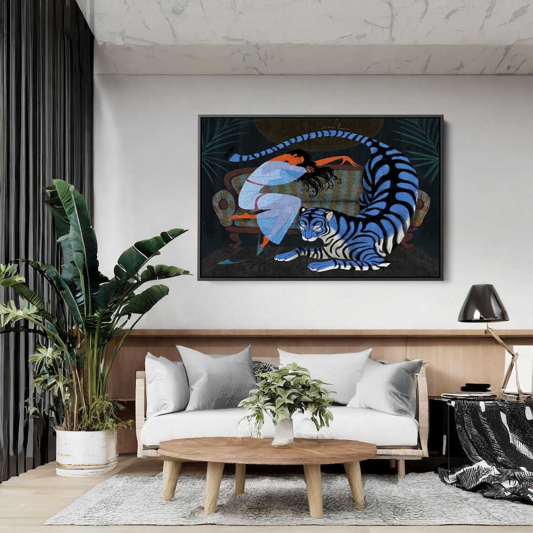 Jester Pepita Blue Tiger Canvas Wall Art, Art Deco Surreal Fantasy
