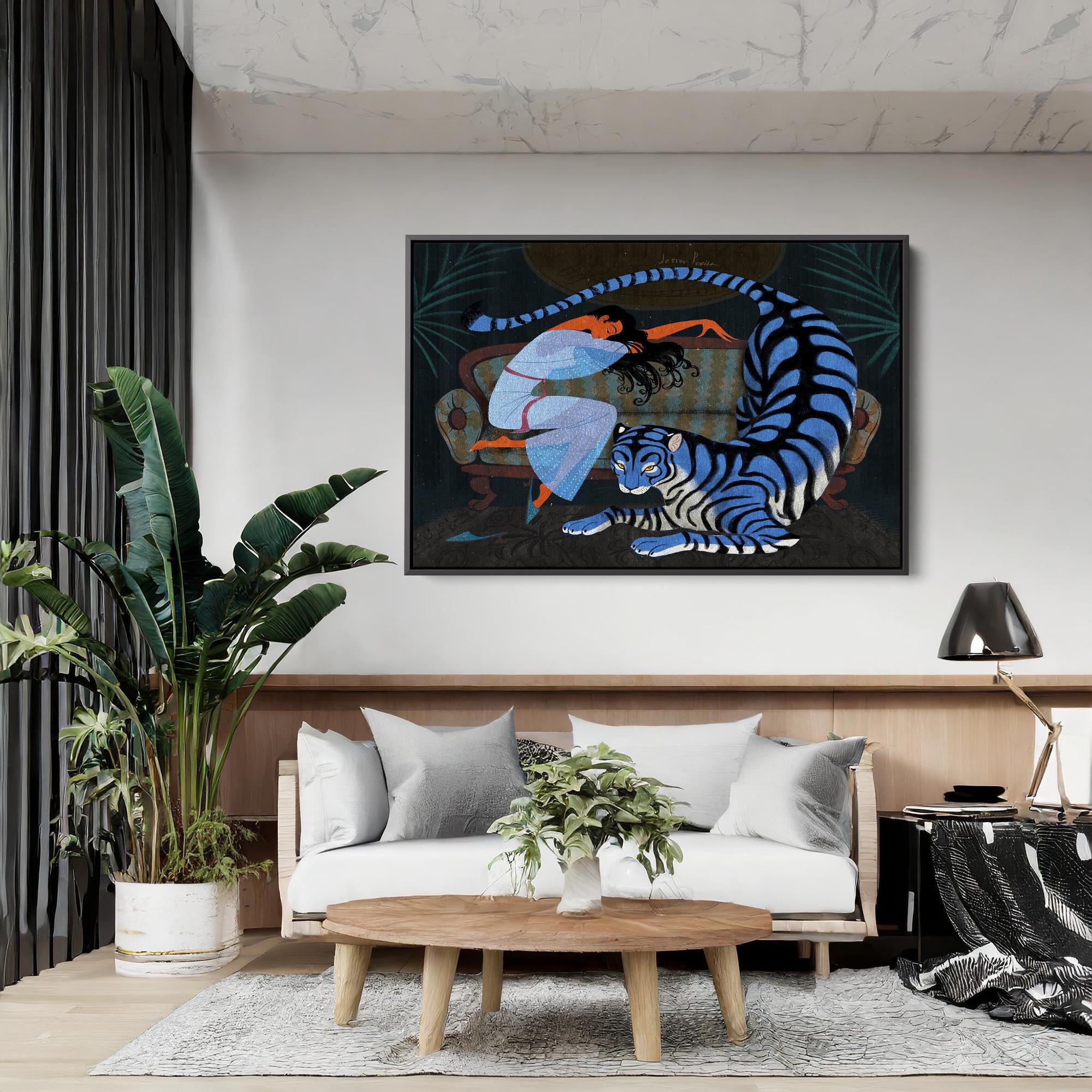 Jester Pepita Blue Tiger Canvas Wall Art, Art Deco Surreal Fantasy