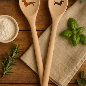 Könnte beinhalten: Zwei Kochlöffel aus Holz mit Dackel-Silhouetten. Die Löffel sind hellbraun, die Hunde-Silhouetten sind dunkelbraun. Sie liegen auf einer Holzoberfläche mit einer beigen Leinen-Serviette, einer kleinen Schüssel mit weißem Pulver und Zweigen von Rosmarin und Basilikum.