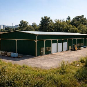 Könnte beinhalten: Ein großes, dunkelgrünes Metallgebäude mit weißem Dach und mehreren weißen Garagentoren. Das Gebäude hat eine Schotterauffahrt und ist von Bäumen und Gras umgeben. Ein Gabelstapler steht in der Nähe der Türen.