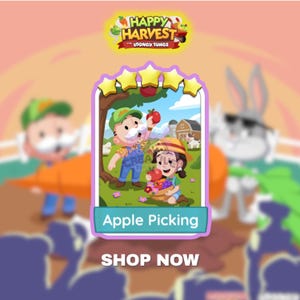 May include: A digital game card titled Apple Picking featuring a cartoon scene of two characters harvesting fruit in an orchard with a barn and cow in the background. The card has five yellow stars at the top and the text Happy Harvest with the Looney Tunes.