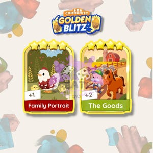 Może przedstawiać: Dwie cyfrowe karty do gry z napisem Community Golden Blitz. Lewa karta, Family Portrait, przedstawia kurę i dwa kurczęta. Prawa karta, The Goods, przedstawia osobę z koniem i wozem. Obie karty mają u góry cztery żółte gwiazdki.