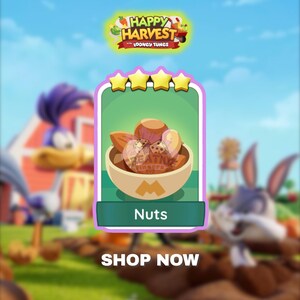 Op de afbeelding: Een digitale spelkaart getiteld Nuts met een kom gemengde noten en twee dobbelstenen. De kaart heeft vier gele sterren bovenaan, een groene achtergrond en de tekst Happy Harvest with Looney Tunes bovenaan en Shop Now onderaan.