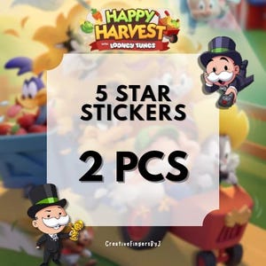 May include: A digital graphic featuring the text HAPPY HARVEST WITH LOONEY TUNES, 5 STAR STICKERS, and 2 PCS. The design includes cartoon characters in top hats and suits, a red tractor, and a blue cart filled with red produce on a farm background.