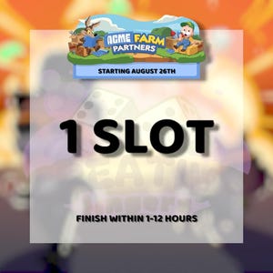 May include: A digital graphic featuring the text ACME FARM PARTNERS, STARTING AUGUST 26TH, 1 SLOT, and FINISH WITHIN 1-12 HOURS. The design includes a cartoon coyote and a farmer character sitting on crates, with large white dice in the background.