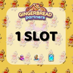 May include: A yellow background with gingerbread men and the text "1 SLOT". The image also features the text "GINGERBREAD partners" in a colorful banner. There are also small illustrations of a purple bag, a snow globe, and a blue gem.