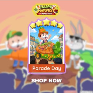 May include: A digital game card titled Parade Day featuring a cartoon character in a carrot-shaped vehicle. The card displays five yellow stars at the top, a colorful parade scene with buildings, and the text Happy Harvest with the Looney Tunes.