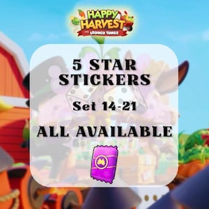 以下が含まれることがあります： Happy Harvest with Looney Tunesのデジタルグラフィックで、5 STAR STICKERS Set 14-21 ALL AVAILABLEというテキストが表示されています。画像には、ゲーム要素を背景にした、黄色い星のアイコンが付いた紫色の長方形のステッカーパックが描かれています。