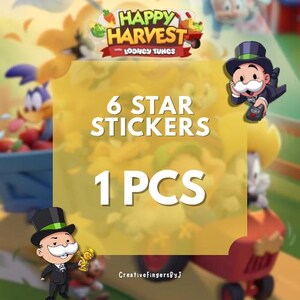 May include: A digital graphic for Happy Harvest with Looney Tunes featuring the text 6 STAR STICKERS 1 PCS. The image displays cartoon characters including a roadrunner, a character in a top hat, and a red wagon against a farm background.