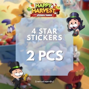 May include: A digital graphic featuring the text Happy Harvest with Looney Tunes, 4 Star Stickers, and 2 Pcs. The image displays cartoon characters including a man in a top hat and suit, and a character with yellow hair, set against a farm background.