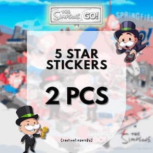May include: Two stickers featuring cartoon characters in black suits, green-banded top hats, and white mustaches. One character holds a remote, the other a gold trophy. Text reads: THE SIMPSONS GO!, 5 STAR STICKERS, 2 PCS, and CreativeFingersByJ.
