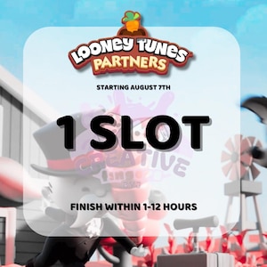 以下が含まれることがあります： Looney Tunes Partnersのロゴ、Starting August 7th、1 Slot、Finish Within 1-12 Hoursというテキストが記載されたプロモーション画像。背景にはシルクハットとスーツを着たキャラクター、風車、赤い葉が描かれています。