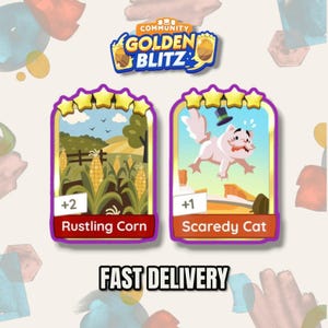 May include: A digital game card display featuring the Community Golden Blitz logo at the top. Two rectangular cards are shown: Rustling Corn with a cornfield illustration and a +2 count, and Scaredy Cat with a white cat wearing a top hat and a +1 count.