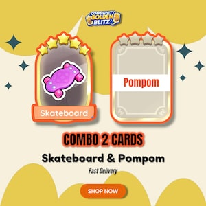 Monopatín y pompón - Combo de 2 tarjetas Golden Blitz para Monopoly_GO