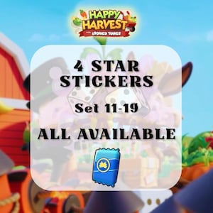 May include: A digital graphic for Happy Harvest with Looney Tunes featuring the text 4 STAR STICKERS Set 11-19 ALL AVAILABLE. The image displays a blue rectangular sticker pack with a yellow M logo centered on a background of game elements.